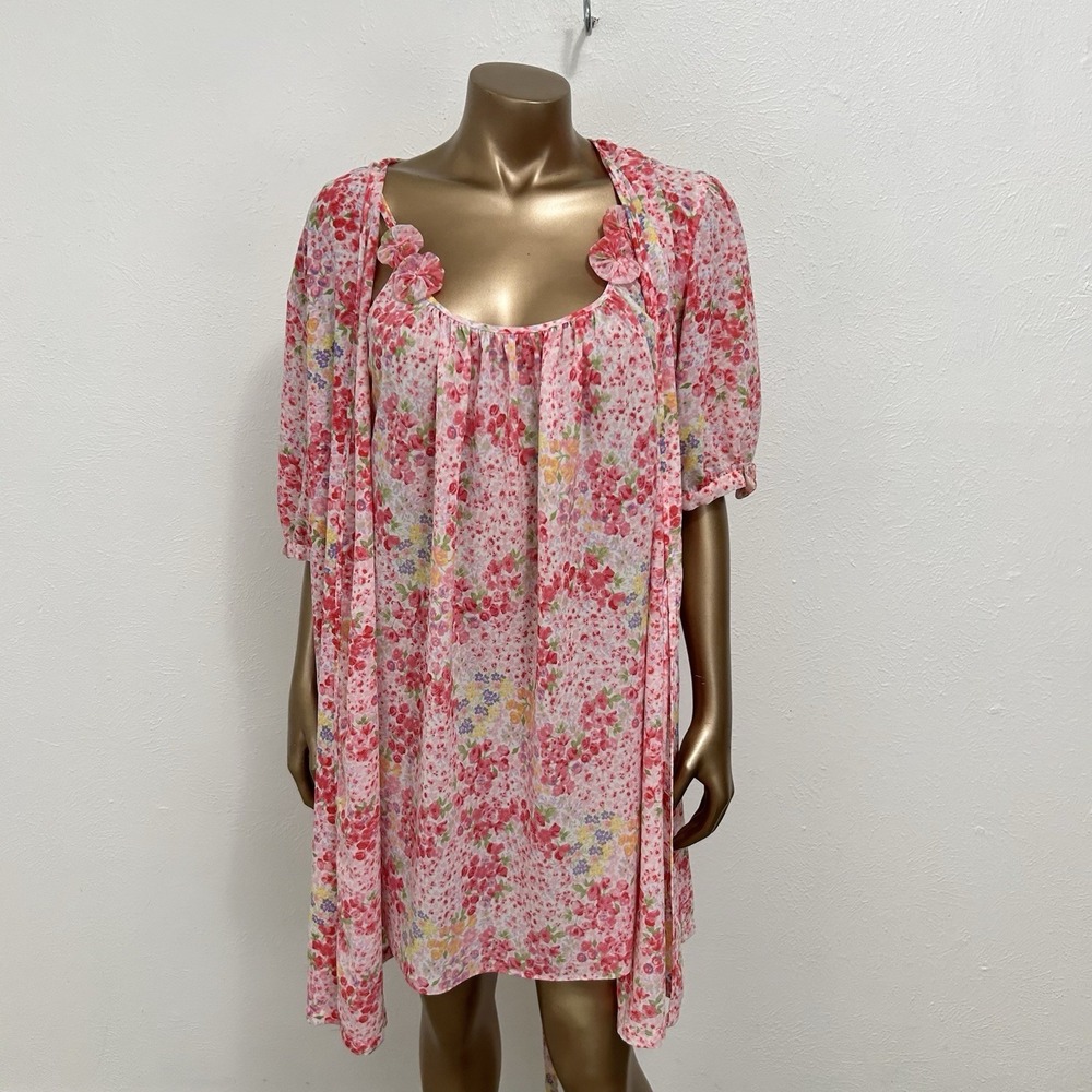 VINTAGE Oscar de la Renta Pink Label Pink Dainty Floral Robe & Slip Dress Sz L - Picture 10 of 10